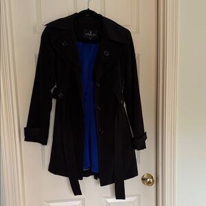 London Fog Black Trench Coat with Vibrant Blue Interior